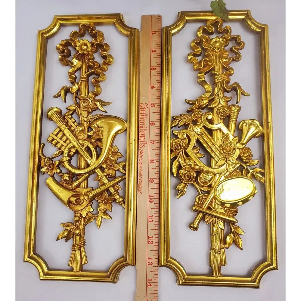 2 Syroco Homco Set Gold Musical Instrument Wall Plaques 1964 Vintage MCM Regency